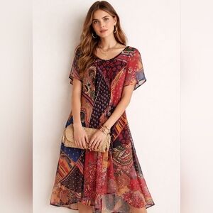 Royal Paisley Patchwork Chiffon Dress, L/XL, Boho, Paisley, Colorful, Festival